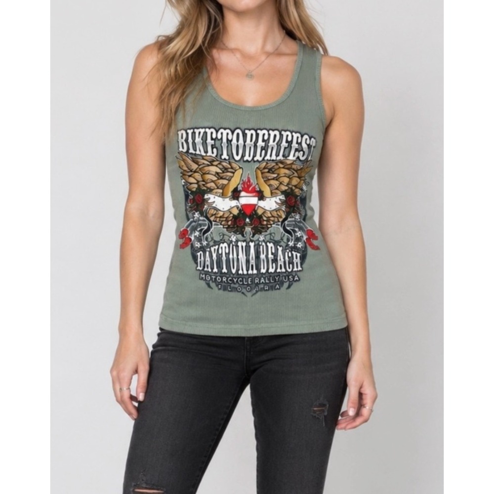 Basix Biketoberfest Ribbed Tank Top Womens XS Green Motorcycle Biker